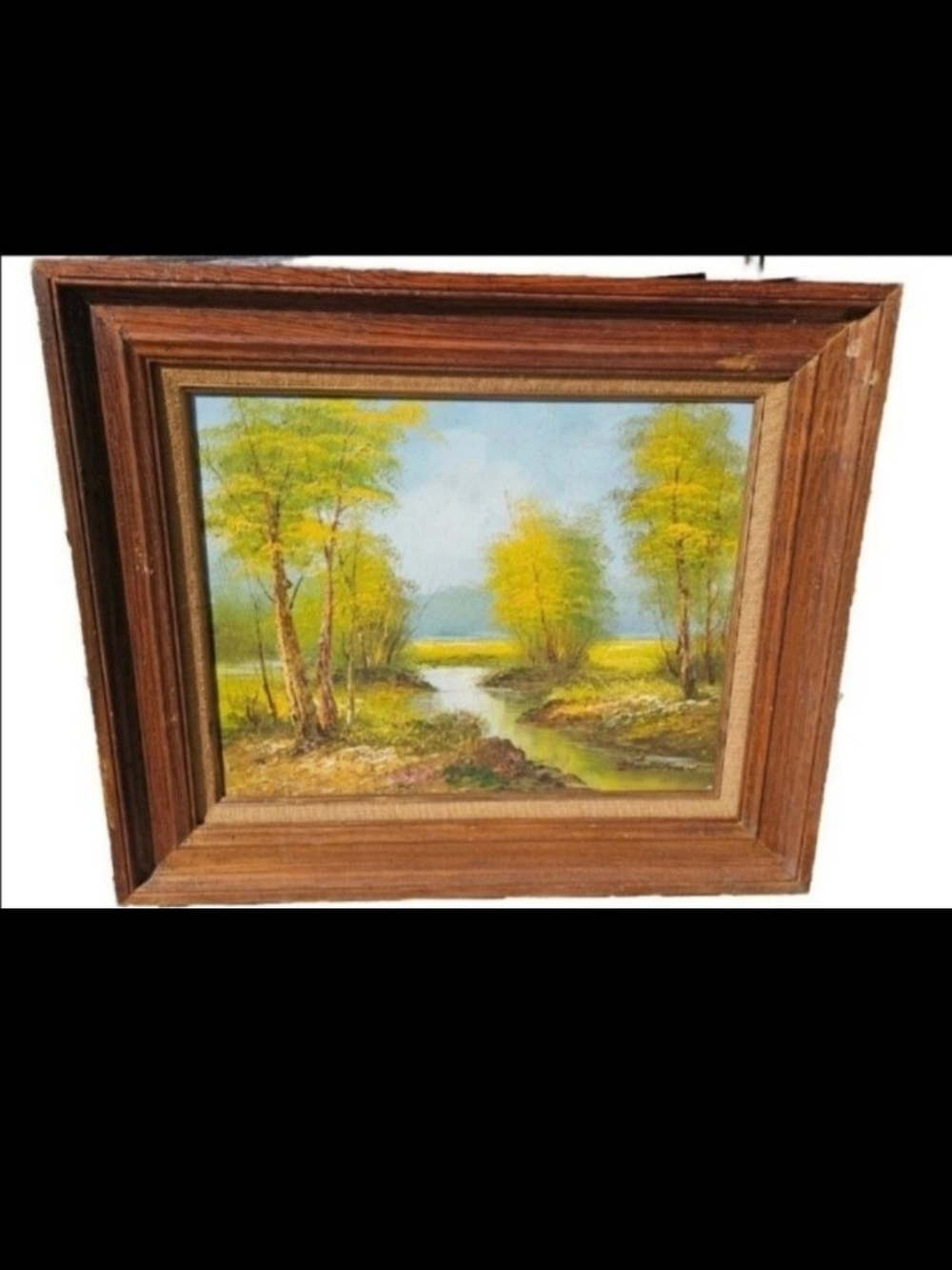 Vintage MCM Tranquil Meadow Landscape Painting in Green and Blue